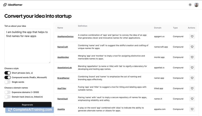 IdeaNamer.co, screenshot 2
