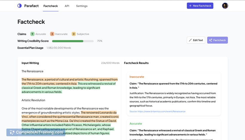 Parafact AI, screenshot 2