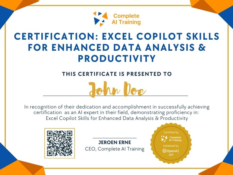 Certification: Excel Copilot Skills for Enhanced Data Analysis & Productivity