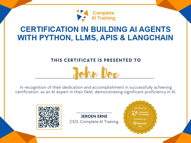 Certification in Building AI Agents with Python, LLMs, APIs & LangChain
