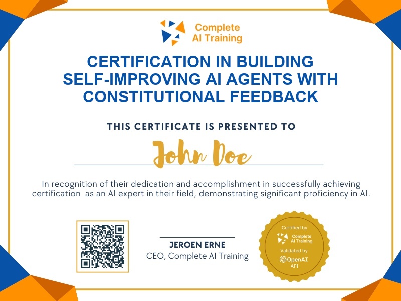 Certification in Building Self-Improving AI Agents with Constitutional Feedback