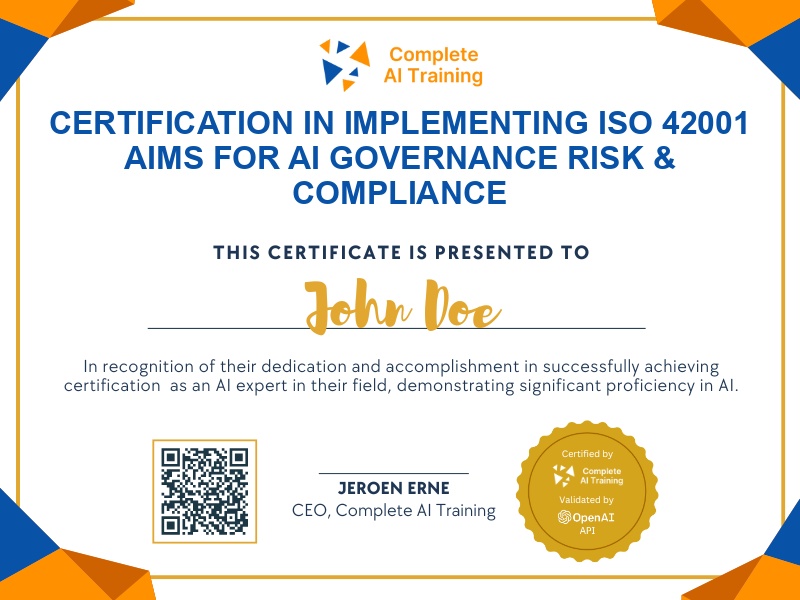 Certification in Implementing ISO 42001 AIMS for AI Governance Risk & Compliance
