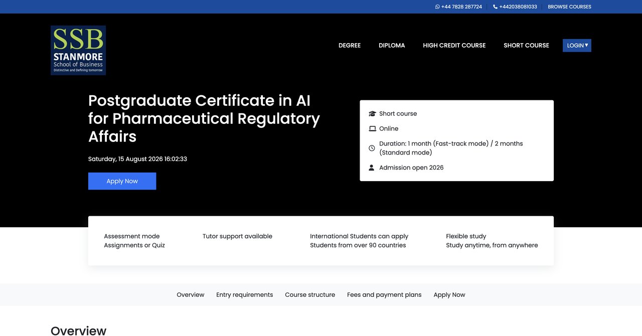 Stanmore Postgraduate Certificate AI Pharmaceutical Regulatory Affairs