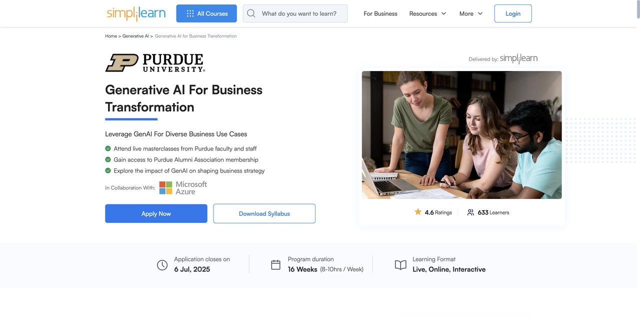 Generative AI for Business Transformation by Purdue University via Simplilearn