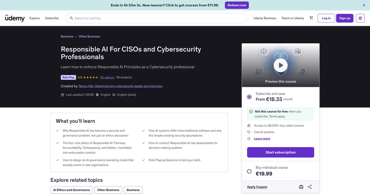 Responsible AI For CISOs and Cybersecurity Professionals by Udemy