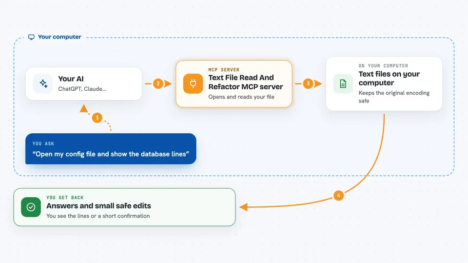 How the Text File Read And Refactor MCP server works Flow diagram: you ask your AI “Open my config file and show the database lines”, on your own computer the Text File Read And Refactor MCP server works with text files on your computer, and you get back answers and small safe edits.